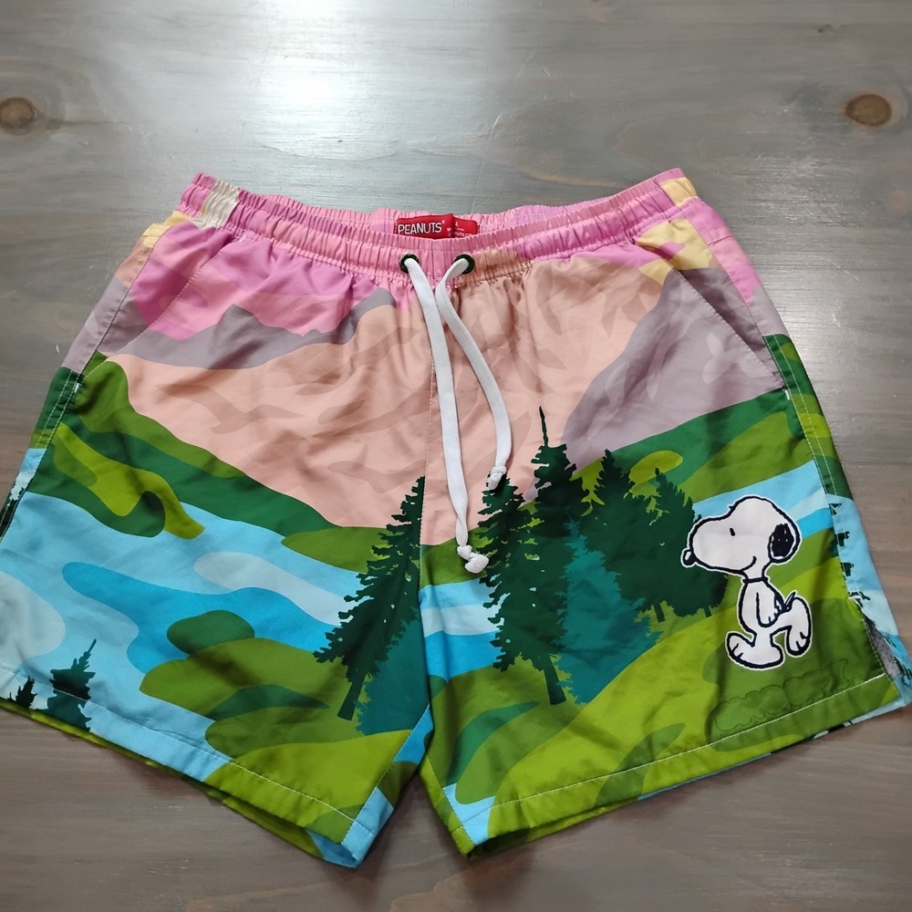 Peanuts Swim Trunks Men's Large Snoopy Colorful Outdoor Elastic Drawstring *Read